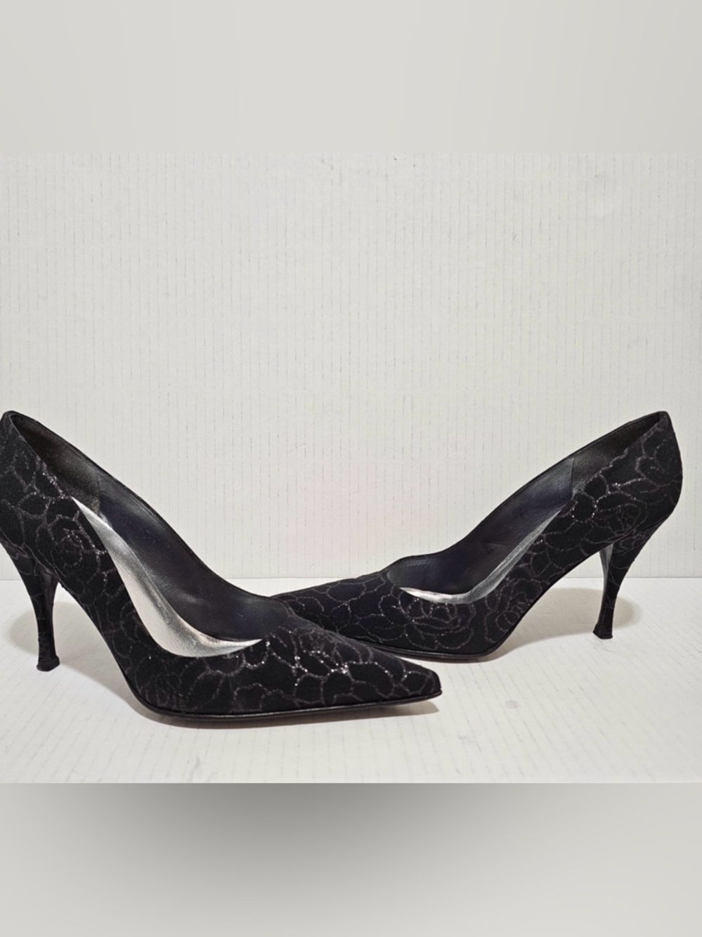 Stuart Weitzman Black Flower Sparkle Glitter Pump Heels Shoes Sz 5.5 Evening